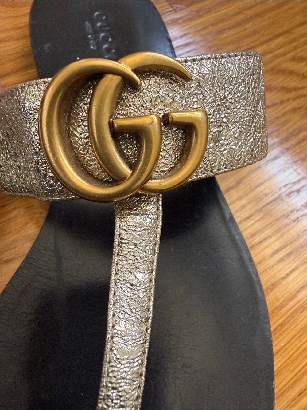 Gucci Metallic Gold and Black GG Thong Sandals